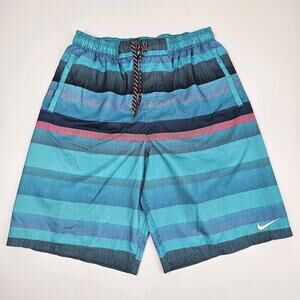 Nike Swim Volley Shorts Trunks Men's L Mesh Lined 11" Abstract Blue/Pink Striped